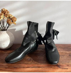 Soft Leather Lace-up Ankle Boots Comfortable Flats Short Booties Bowknot Chelsea Boots Shoes Botas