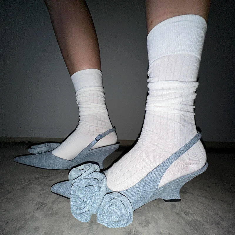 Denim Flower Wedges Sandals Pointy Toe Back Straps Lady Unique Street Dress Party Shoes