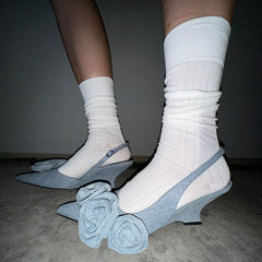 Denim Flower Wedges Sandals Pointy Toe Back Straps Lady Unique Street Dress Party Shoes
