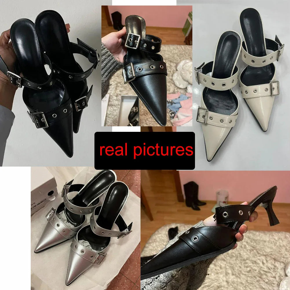 Pumps Belt Buckle Pointed Toe Black High Heel Mule Slides Half Slipper