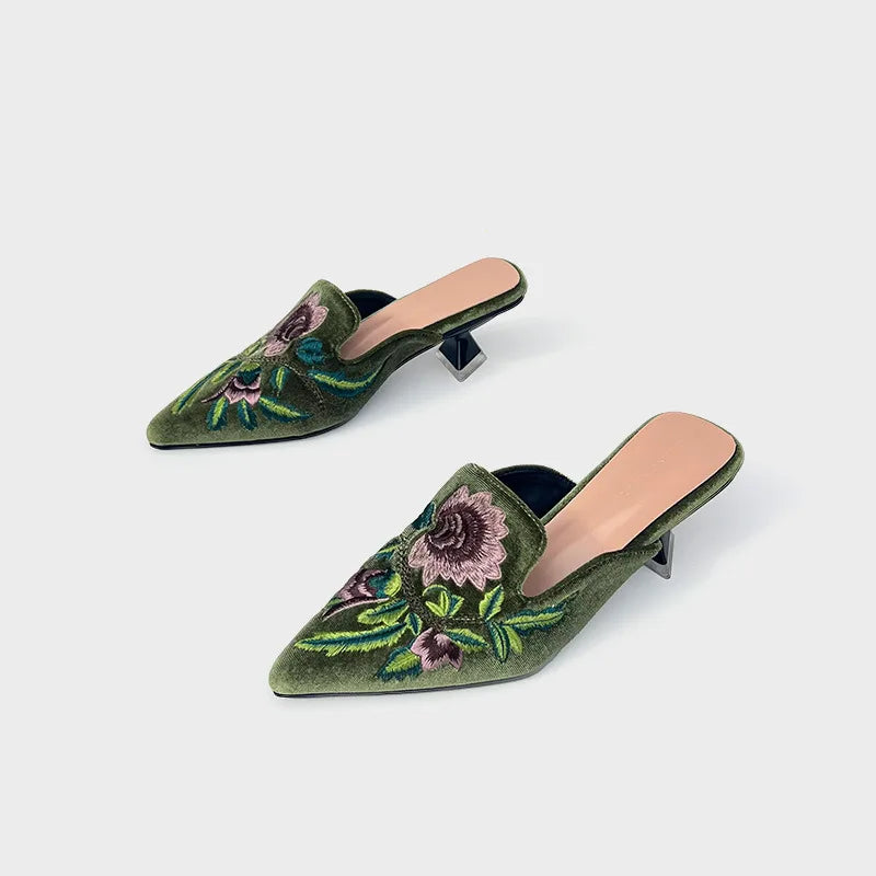 Embroidery Velour Shoes Woman Strange Heel Slippers Design Mules Femme Pointed Toe Wedges Tacones Slides Slip On Pantuflas Mujer