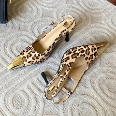 Shallow Pointed Toe Leopard Print Thin High Heels Stripper Party Slingbacks Shoes