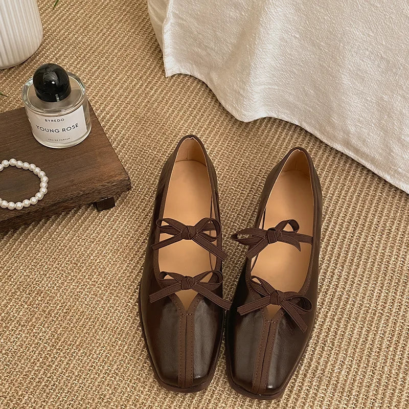 Elegant Bow Decoration Square Toe Shallow Mouth Single Shoes