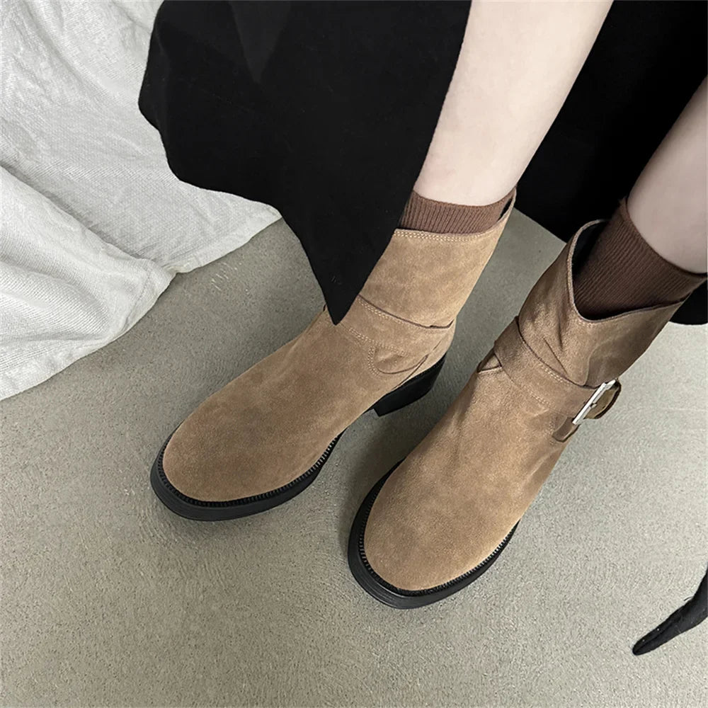 Ankle Boots Cow Suede Round Toe Motorcycle Boots Thick Low Heels Warm Shoes Buckles Boots