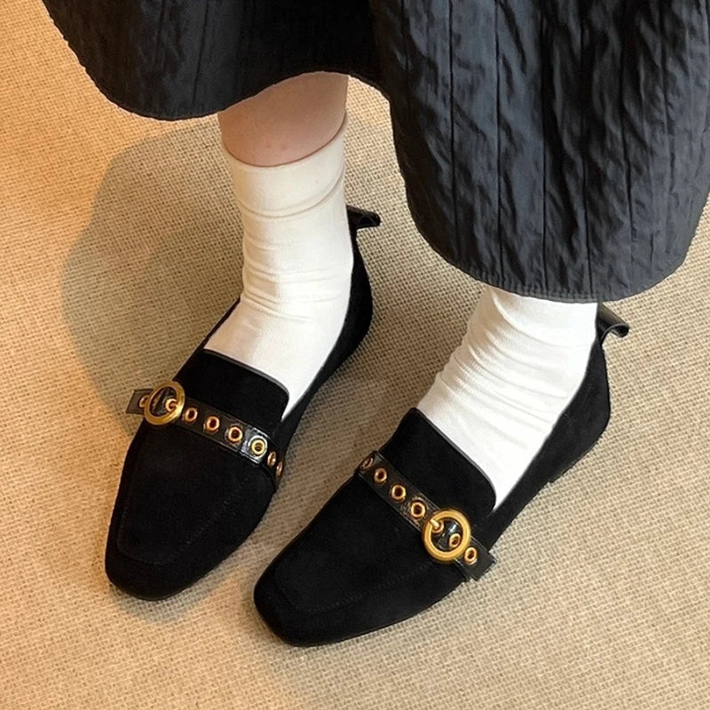 Metal Belt Buckle Design Loafers Retro Suede Square Toe Flats Street Style Comfort Casual Shoe Zapatos Mujer