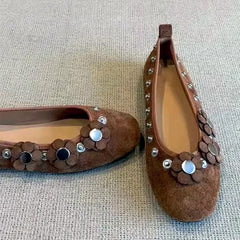 Brown Metal Button Flower Decoration Ballet Flats Faux Suede Design Loafers Elegant Comfortable Mary Jane Shoes