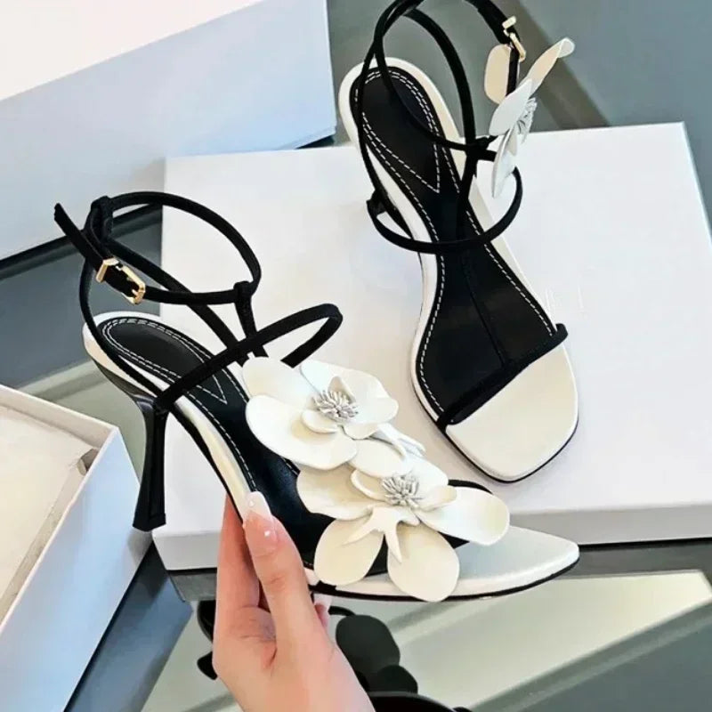 Flower Heels Sandals Open Toe Narrow Band Slingback Shoes Ankle Strap Elegant Party Wedding Shoe Zapatos De Mujer