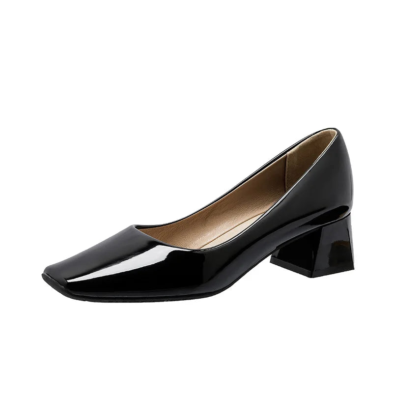 Solid Japanned Leather Pumps Woman Block High Heels Shoes OL Dress Work Escarpins Femmes Tacones Mujer