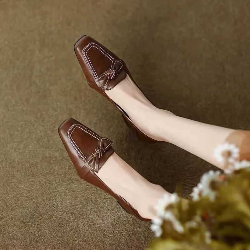 retro square toe high heels and butterfly decorative office girl mid-heeled shoes