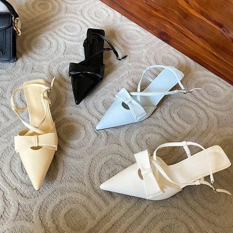 Sandals Butterfly-knot Slingback Pointed Toe Pumps Cross-tied Elegant Low Heeled Zapatos De Mujer