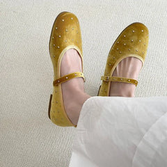 Cute Satin Velvet Rivet Decoration Flat Shoes Comfort Mary Jane Shoe Elegant Ballet Flats Loafers
