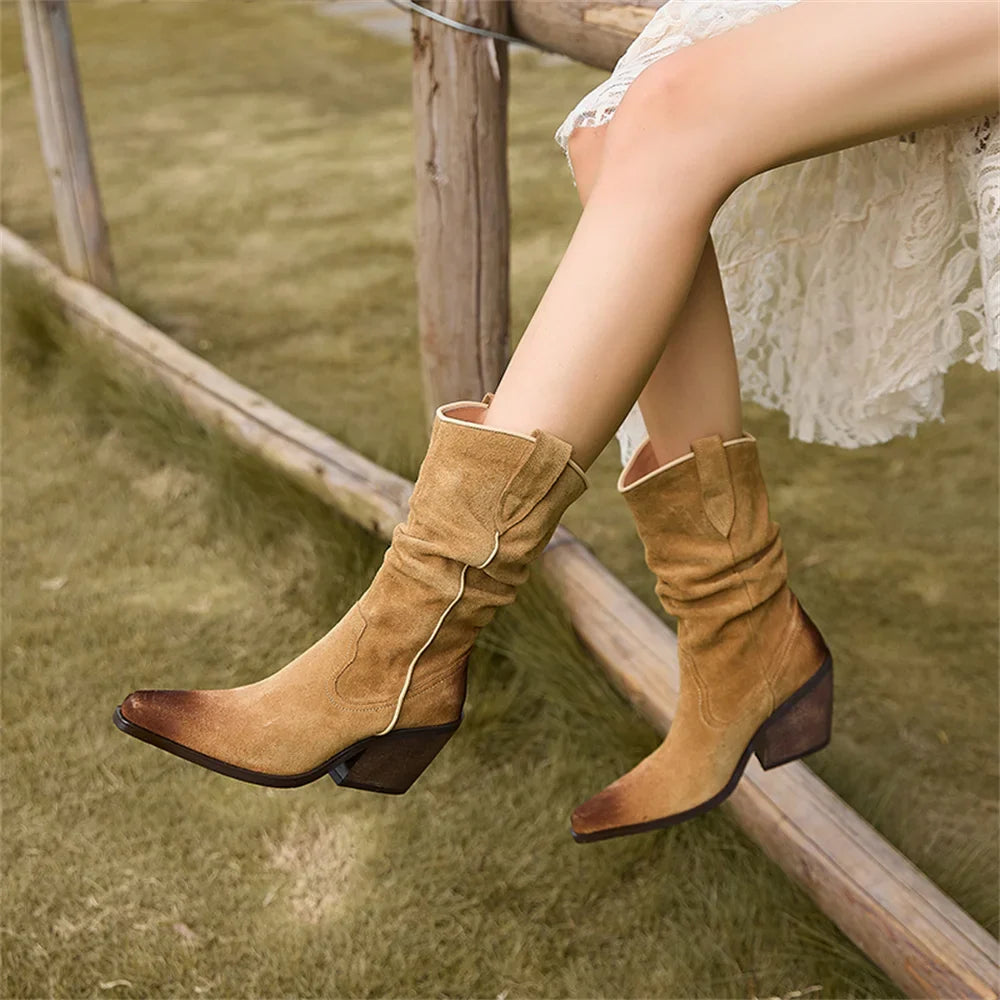 High Heel Leather Shoes Knight Boot Western Cowboy Boots Pointed Toe Thick Soled Short Boot