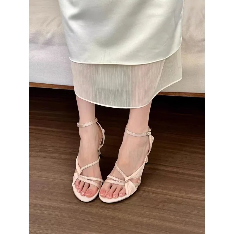 Beautiful apricot thick satin high heels dress single-line buckle stiletto sandals French open-toe hollow shoes