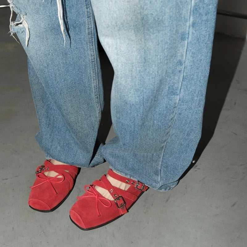 Rivet Decorated Ballet Flat Shoes with Bow Design Shoes with Square Toe Buckle Shallow Mouth Loafers