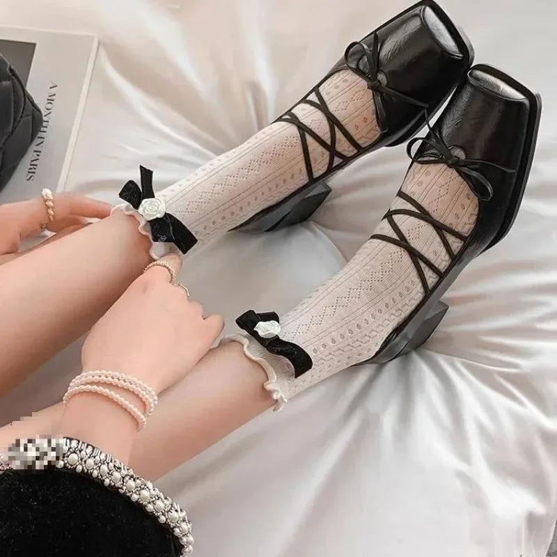 Mary Jane Flat Heels Retro Style Shoes Sweet Cool Butterfly Knot High Heels Comfortable Rubber