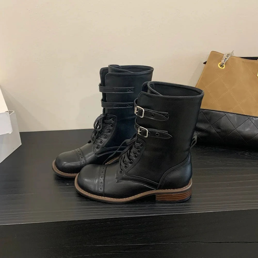 Design Narrow Band Lace-up Knee-High Boots Vintage Round Toe Square Low Heels Shoes
