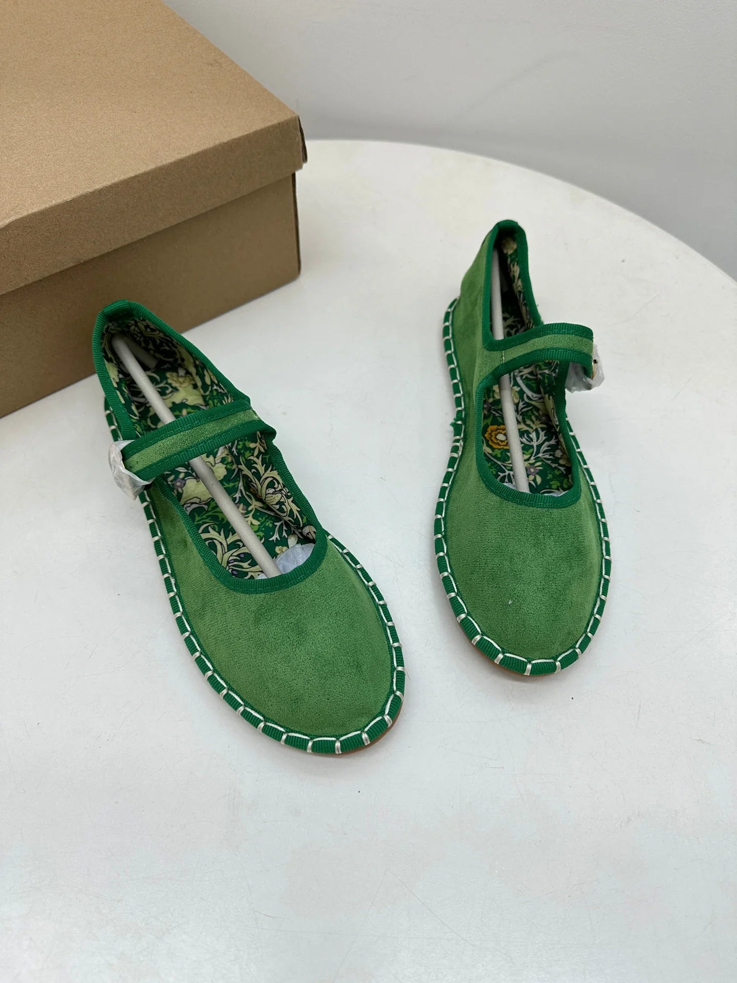 Floral Print Insole Velvet Flats Shoes Hand Stitching Elegant Mary Jeans Shoes Round Toe Ballets Flats Footwear