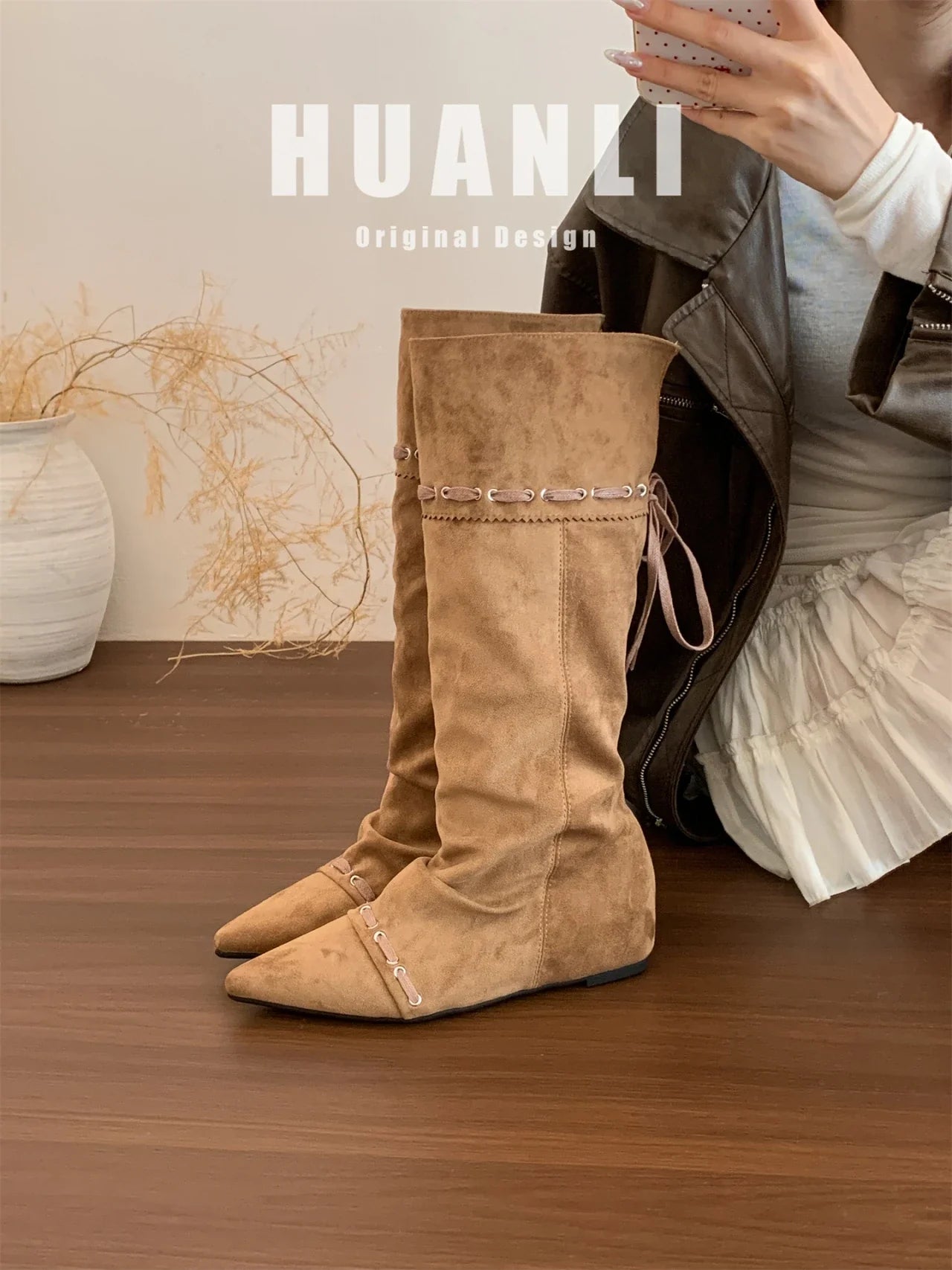 Knee High Boots Pointed Toe Flats Shoes Suede Chelsea Boots Walking Mujer Botas