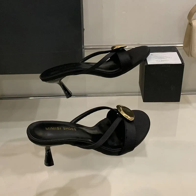 Metal High Heels Pumps Slides Shoes In Slip Round Toe Thin Heels Shoes