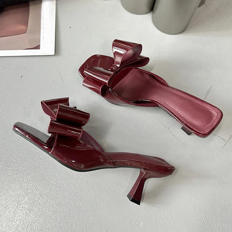 Patent Leather Butterfly Knot Slippers Square Toe Low Thin Heels Mules Slides Shoes Size 39