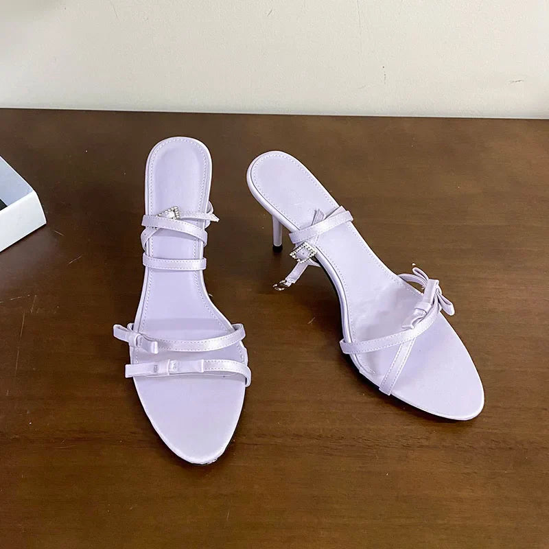 Butterfly-Knot Party High Heels Sandals Shoes Pointed Toe Footwear Ankle Buckle Heeled Sandals Shoes