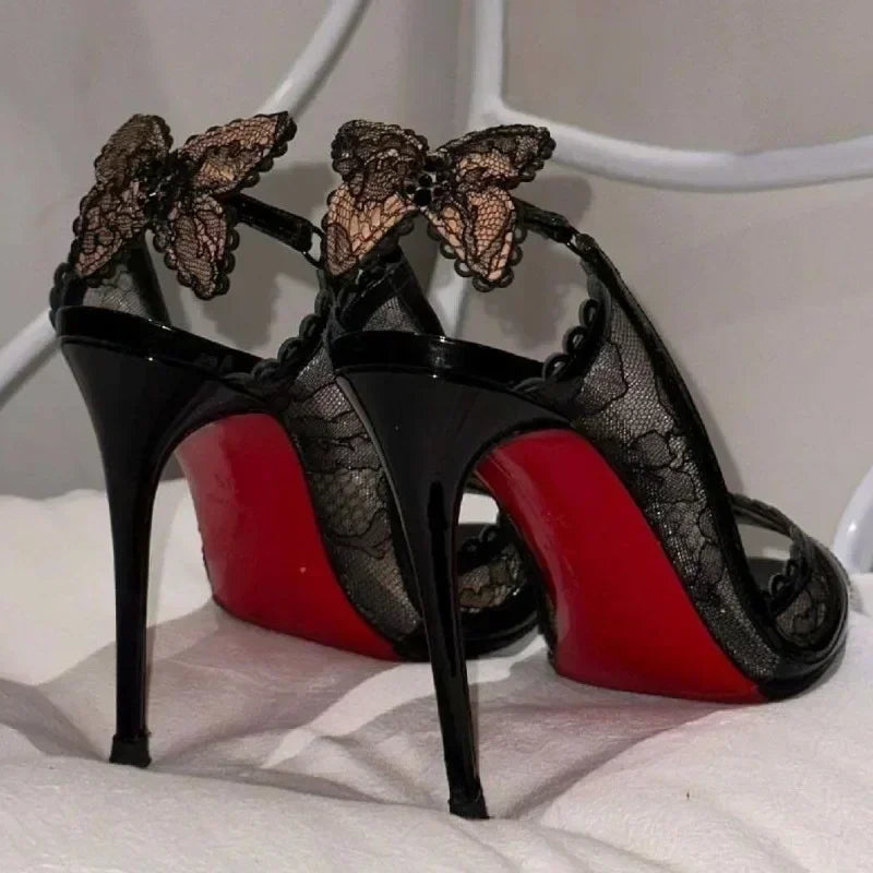 Cutout Lace Bowknot Peep Toe Slingback Sandals Thin High Heels Black Patent Leather Party Wedding Shoes
