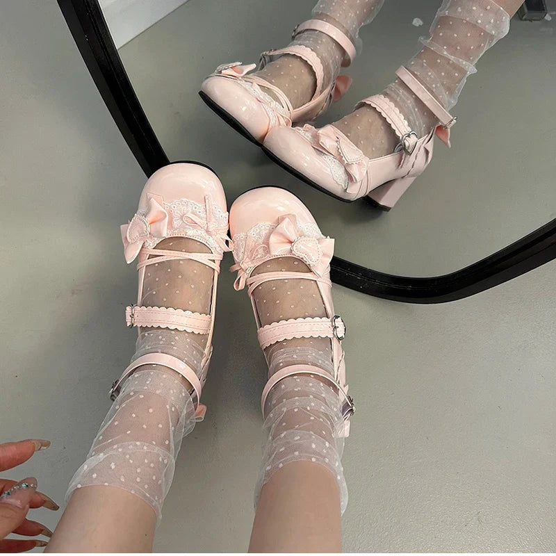 Butterfly-knot Lolita Mary Jane Shoes Elegant Round Toe Thick Heel Shoes Dress Pumps
