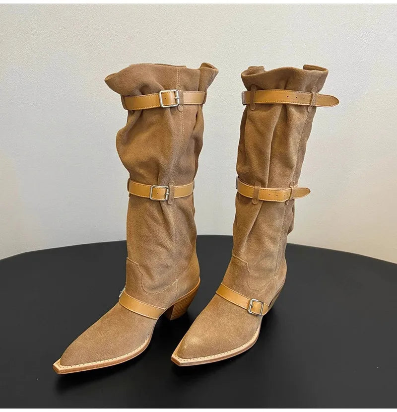 Vintage Pleated Belt Buckle Faux Suede Knee High Boots High heels Western Cowboy Knight Boots Shoes