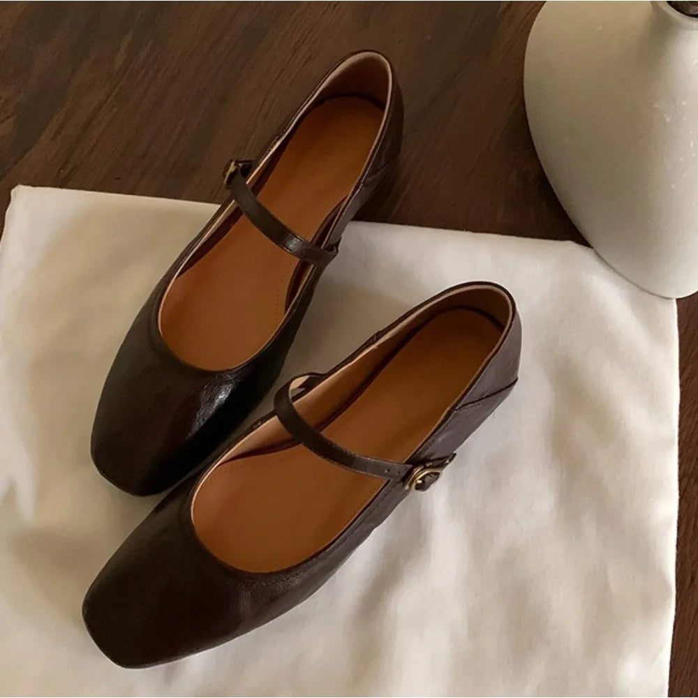 Small Leather Shoes Low-heeled Buckle Pumpss Square Head Two Wear Mary Jane Shoes