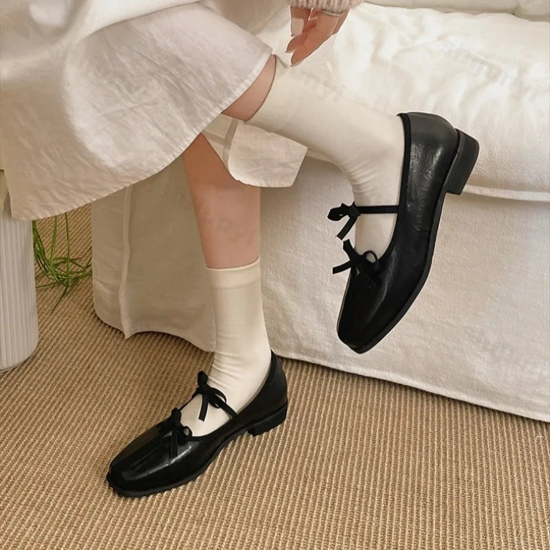 Elegant Bow Decoration Square Toe Shallow Mouth Single Shoes