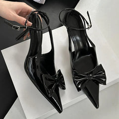 Bowknot Pointed Toe Ankle Strap High Heeled Shoes Brand Thin High Heel Backless Sweet Pumps
