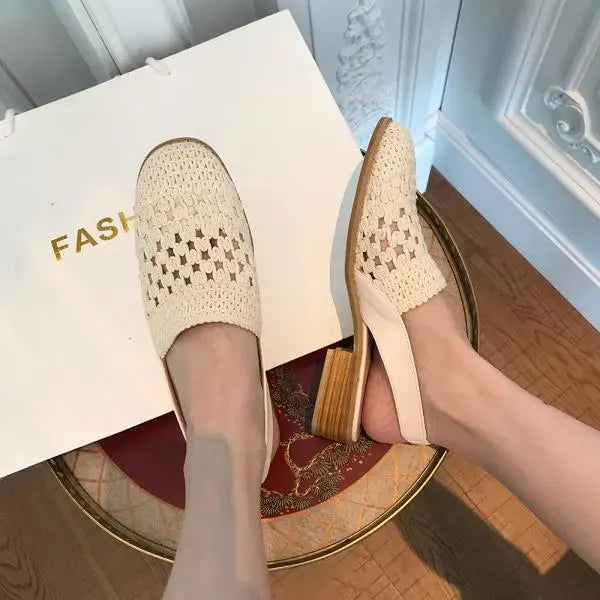 Shoes Slippers Soft Slides Slipers Cover Toe Low Loafers Fretwork Heels Comfort Flat Basic Fabric Rubber Cane PU
