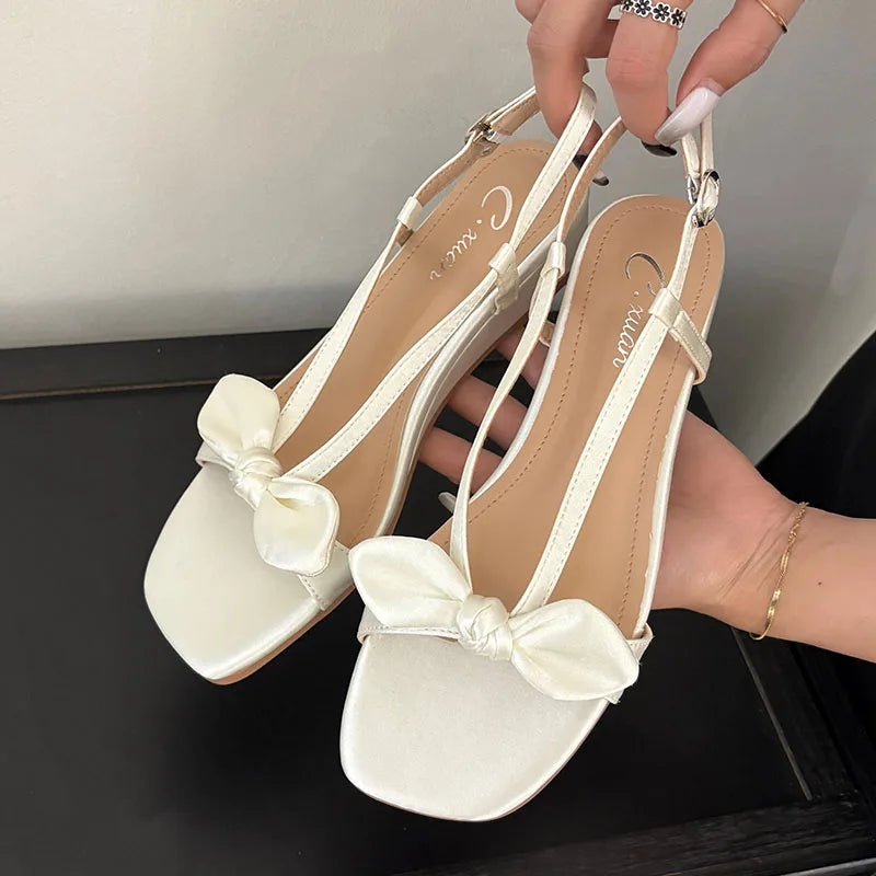 Elegant Low Heel Sandals Wedges Shoes Buckle Footwear Butterfly-Knot Heeled Sandals