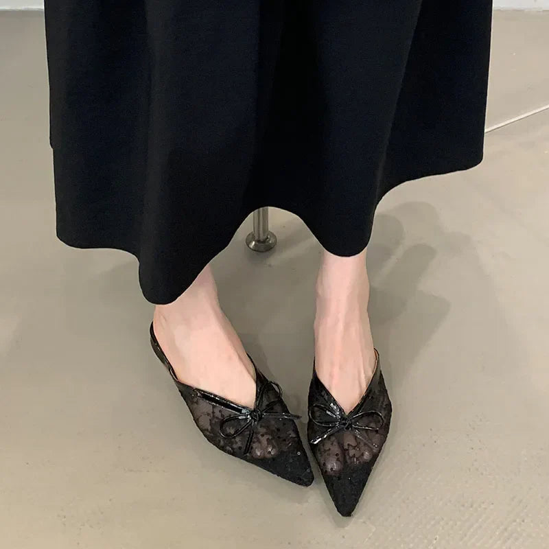 Butterfly-Knot Mesh Flats Slippers Mules Shoes Slides Pointed Toe Flats Sandals Shoes