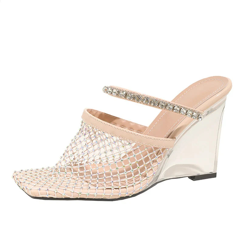 Sandals Rhinestone Mesh High Heels Footwear Elegant Square Toe Transparent Wedges Slippers