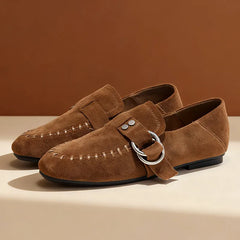 Genuine Leather Flats Metal Buckle-Decorated Suede Loafers Light Comfortable Cow Suede Shoes