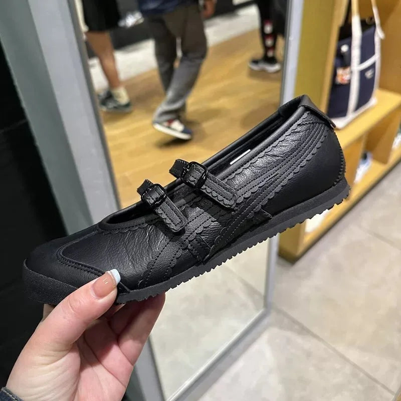 Vintage Round Toe Shallow Mouth Velcro Sports Flat Ballet Shoes Mary Jane Shoes German Training Shoes