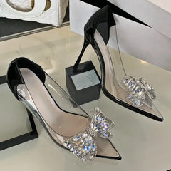 Rhinestone Bow Pvc Transparent High Heels Hollow Party Pointed Toe Heeled Sandals