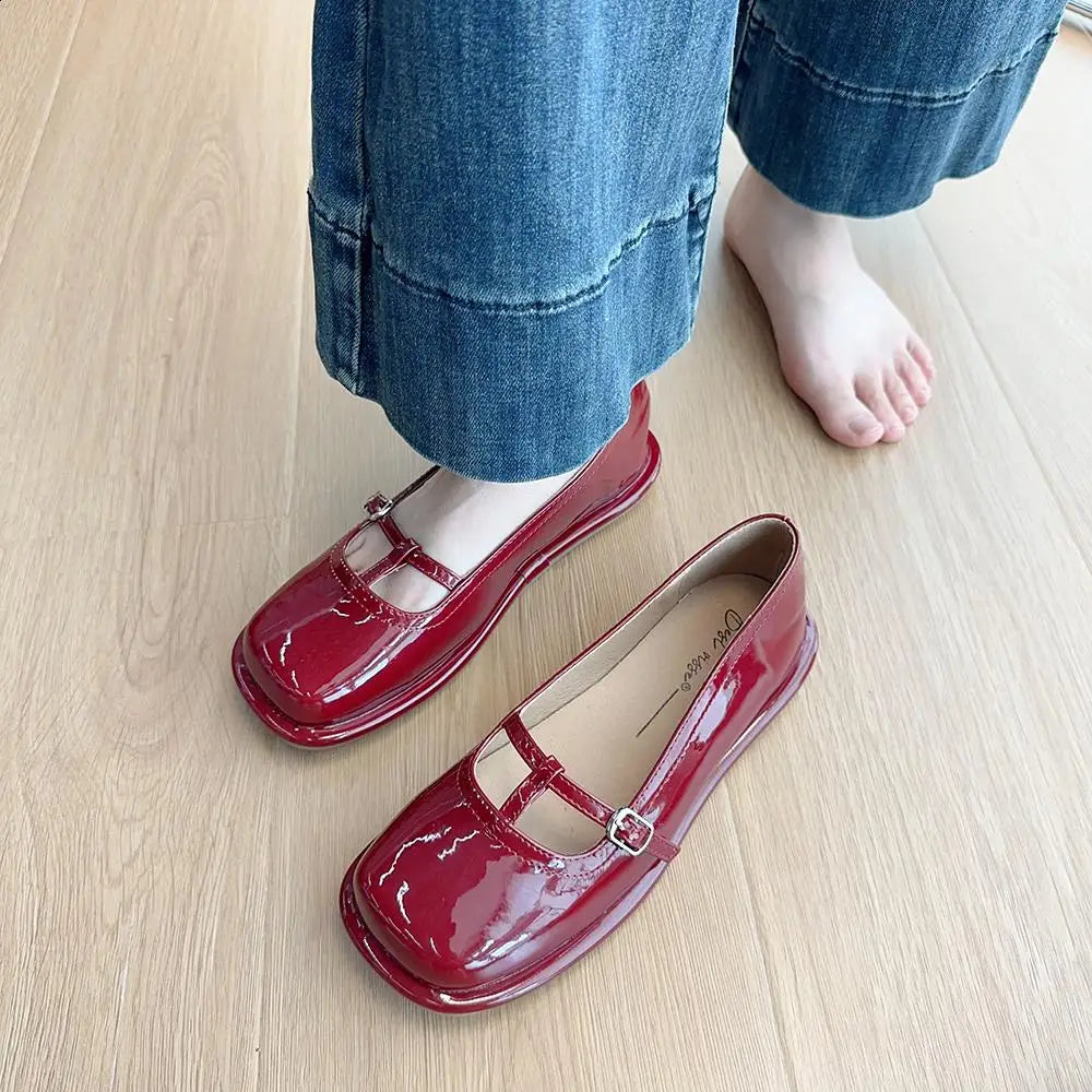 Patent Leather Ballet Flats Shoes All-Match Oxfords Square Toe Fall Mary Janes Square Toe Shoes Au