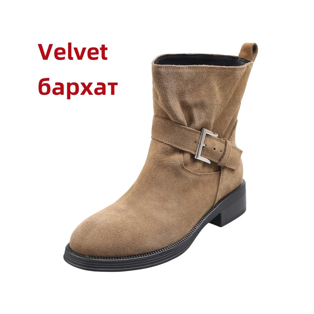 Ankle Boots Cow Suede Round Toe Motorcycle Boots Thick Low Heels Warm Shoes Buckles Boots