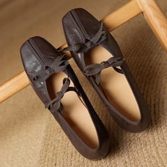 Mary Jane Shoes Ballet Bow Square Toe Mid Heels Nude Shoes Casual Elegant Shallow Pumps