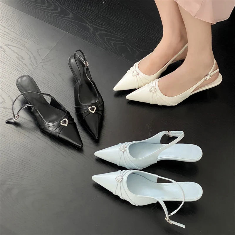 Pointed Toe Slingbacks Elegant Buckle Strap Thin Low Heels Party Prom