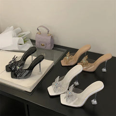 PVC Transparent Butterfly-knot Square Toe Woman Slippers Crystal Heels Slide Shoes