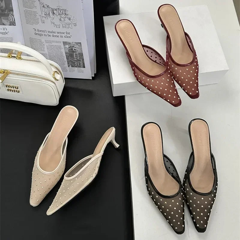 Mesh Rhinestone High Heels Breathable Pointy Toe Shallow Mouth Slippers