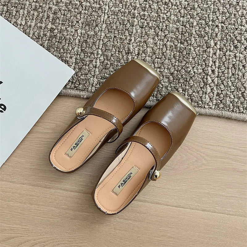 Leather Low Heel Slip-on Muller Shoes Casual Soft Sole Shoes Outdoor Walking Woman Single Shoes