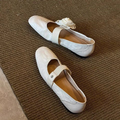 Brown Leather Mary Jane Flats Square Toe Elastic Strap Flower Decoration Stylish Footwear