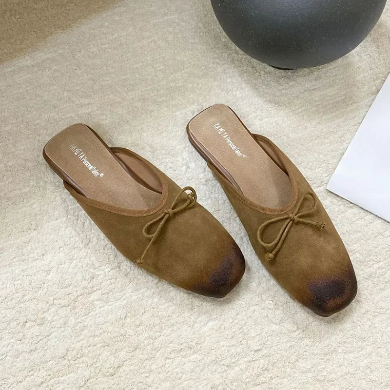 Mixed Color Bow Satin Square Toe Flat Slippers Comfortable Casual Shallow Elegant Mule Shoes Zapatillas De Mujer