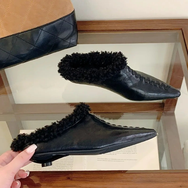 Warm Fluffy Slippers Woman Retro Sewing Pointed Toe Low Heel Mules Shoes Outdoors Casual Comfortable Fur Slippers