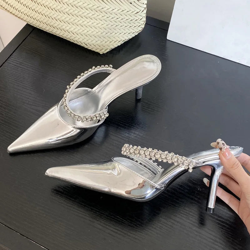 Street CRYSTAL Slipper Pointed Toe Thin Low Heel Sandal Slip On Mules Shoes Zapatos Mujer