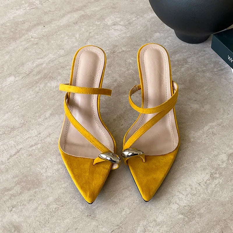 Pointed Toe High Heels Pumps Slides Shoes Slip Metal Thin Heels Shoes Flip flops